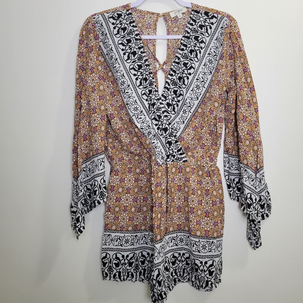 Umgee Western Bohemian Chic Brown Paisly Western V neck Romper M
